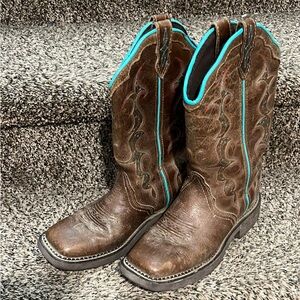 Justin Boots Rustic Brown with Teal Trim Heeled Boots